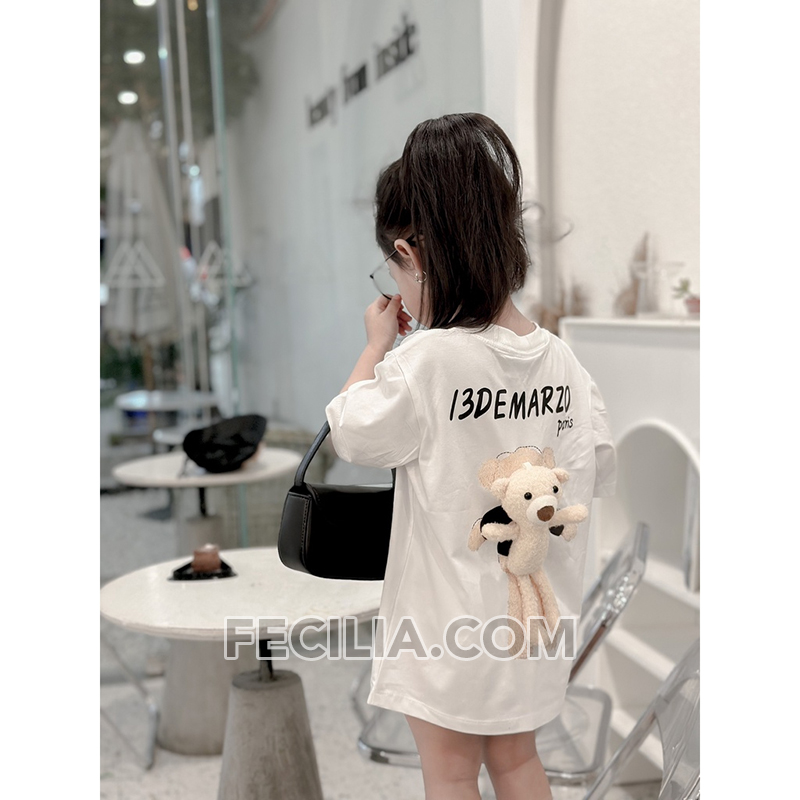 Áo Thun Bé Gái 7 Tuổi màu trắng, Đen, Cam, cổ tròn Có gấu sau lưng (Có thể tách rời) thấm hút mồ hôi rất tốt ATBG342