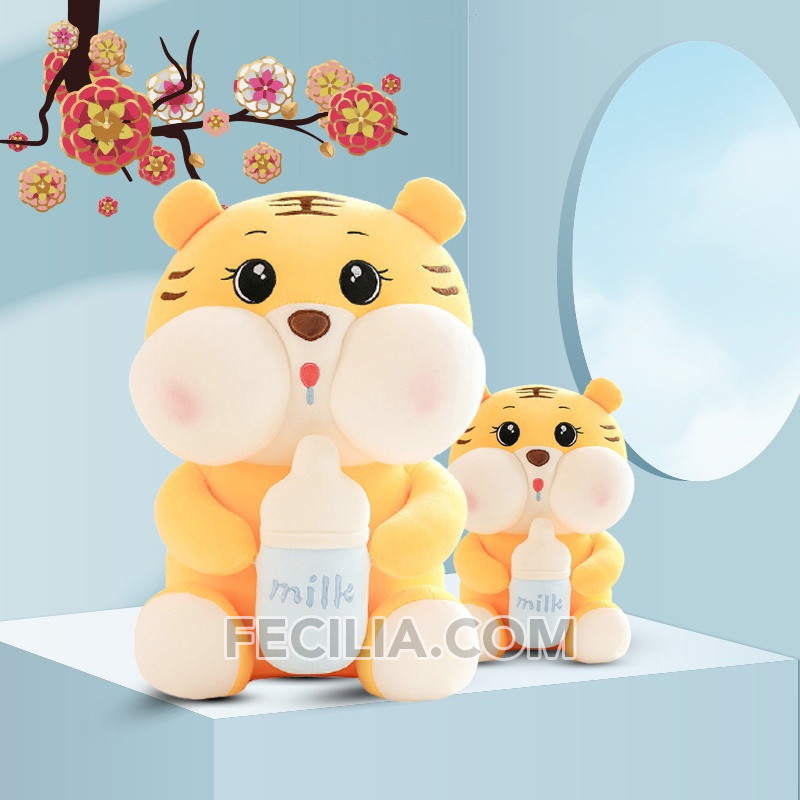 Gấu bông hổ vàng ôm bình sữa mềm mại Miniso 30cm, 40cm,60cm, 80cm,1m MA654
