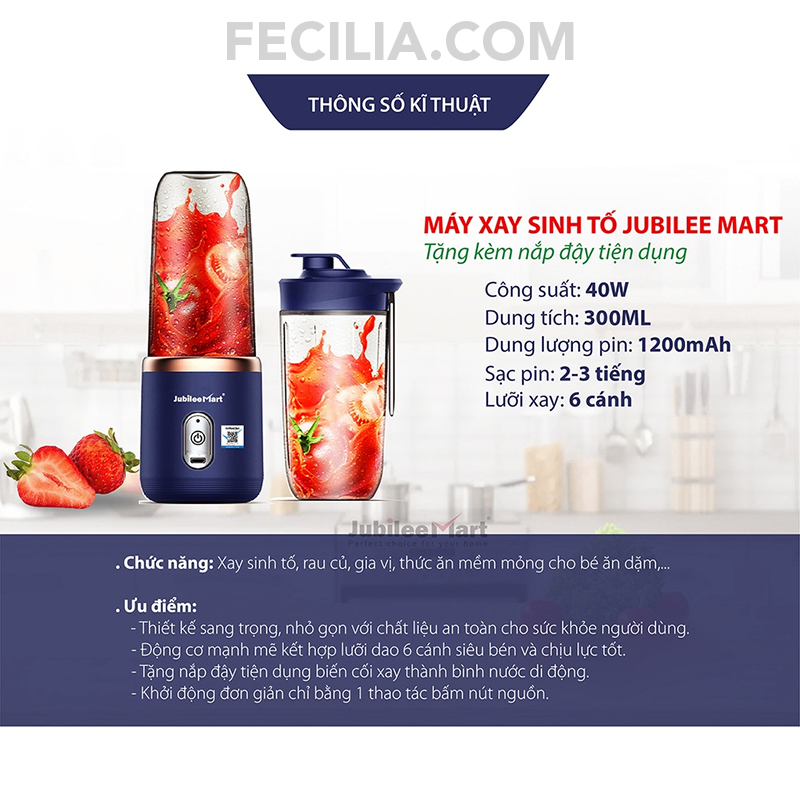 Máy xay sinh tố cầm tay Jubilee Mart 300ML Pin Sạc Cổng USB Tiện Dụng MSXT504