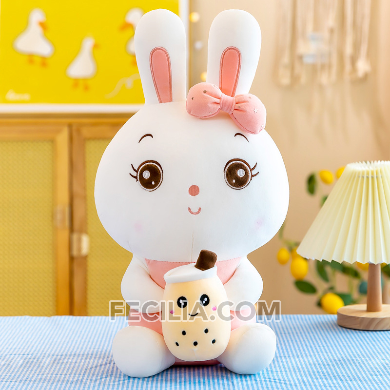Thú nhồi bông, Gấu Bông thỏ trắng ôm bình trà sữa Cute chất vải Miniso MA664