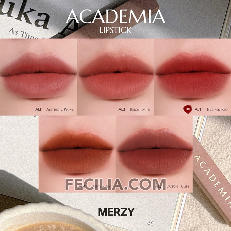 Bảng màu Son thỏi lì Merzy Academia Cotton Lipstick 1.8g Hồng be, Cam đào, Cam gạch SON398