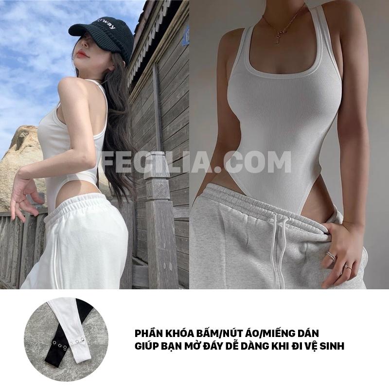 Nút khóa ở đáy Bodysuit giúp bạn mở phần đáy khi đi vệ sinh