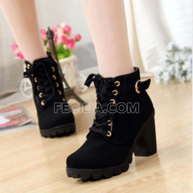 Giày Boot Nữ cổ thấp 7 phân Martin dây buộc mũi tròn đế vuông P20141_10 Màu Đen