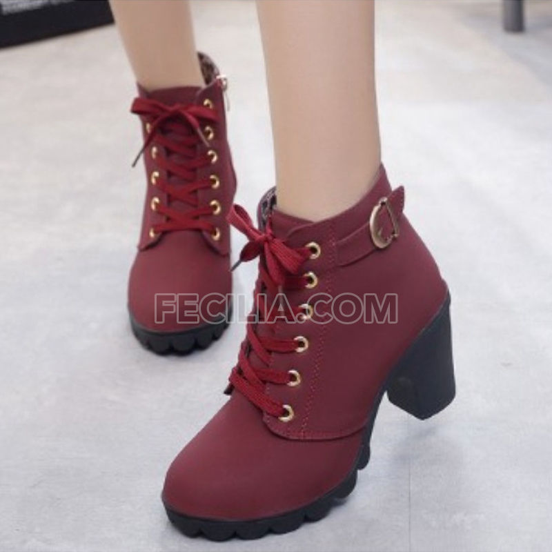 Giày Boot Nữ cổ thấp 7 phân Martin dây buộc mũi tròn đế vuông P20141_10 Màu Đỏ