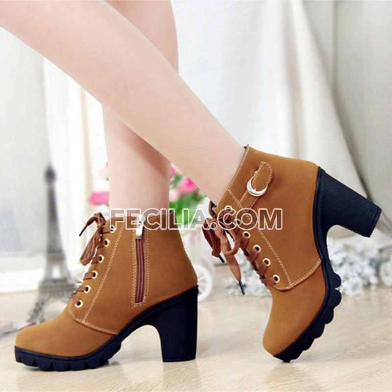 Giày Boot Nữ cổ thấp 7 phân Martin dây buộc mũi tròn đế vuông P20141_10 Màu Xanh