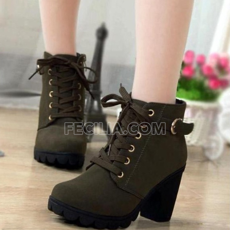 Giày Boot Nữ cổ thấp 7 phân Martin dây buộc mũi tròn đế vuông P20141_10 Màu Xanh