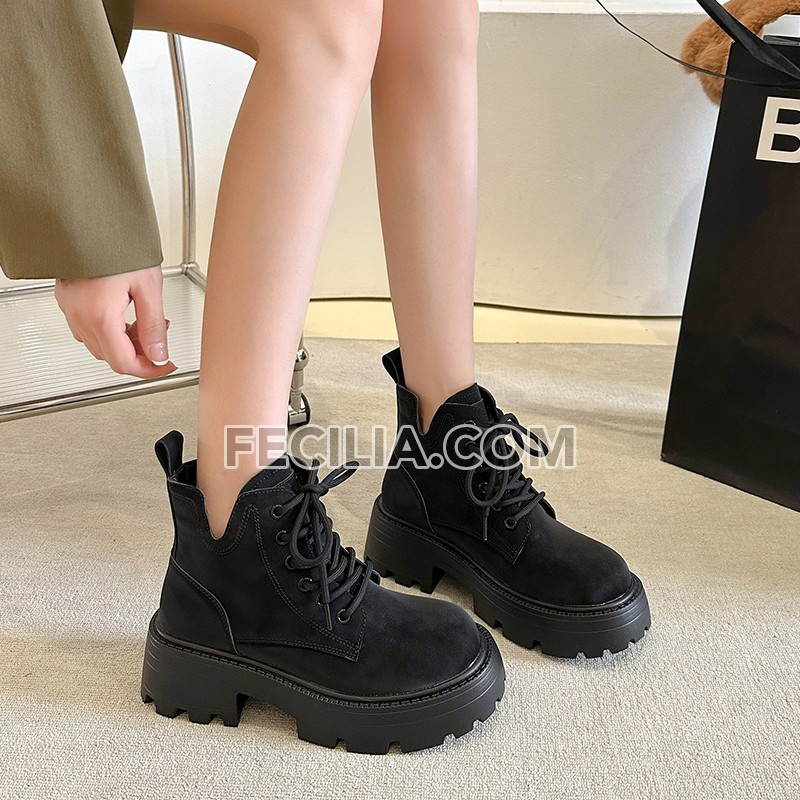 Giày Boot Nữ cổ thấp dây buộc Màu Hồng Nhạt, Xám, Đen P20141_08 - Màu Đen