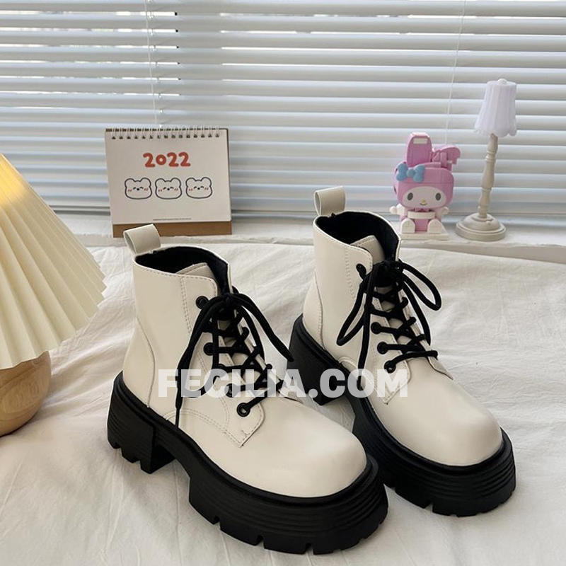 Giày Boot Nữ Trắng Đen Lolita đế cao 4cm Buộc dây | P20422_07