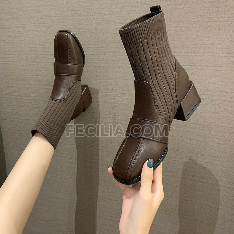 Giày Bốt/ boot Nữ mũi da cổ lửng bằng Len chun siêu đẹp guốc 5cm _ P20141_02 (Màu Nâu)