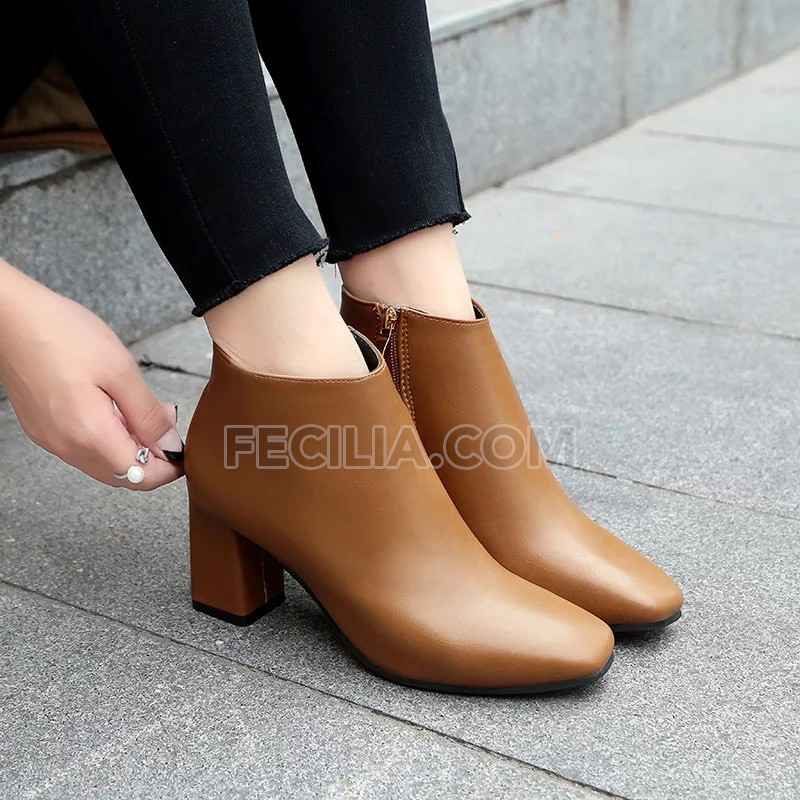 Giày Bốt Nữ cổ thấp gót vuông da mềm đế cao 7cm (Đen Lì/ Đen Nhung) Da Nâu Lì
