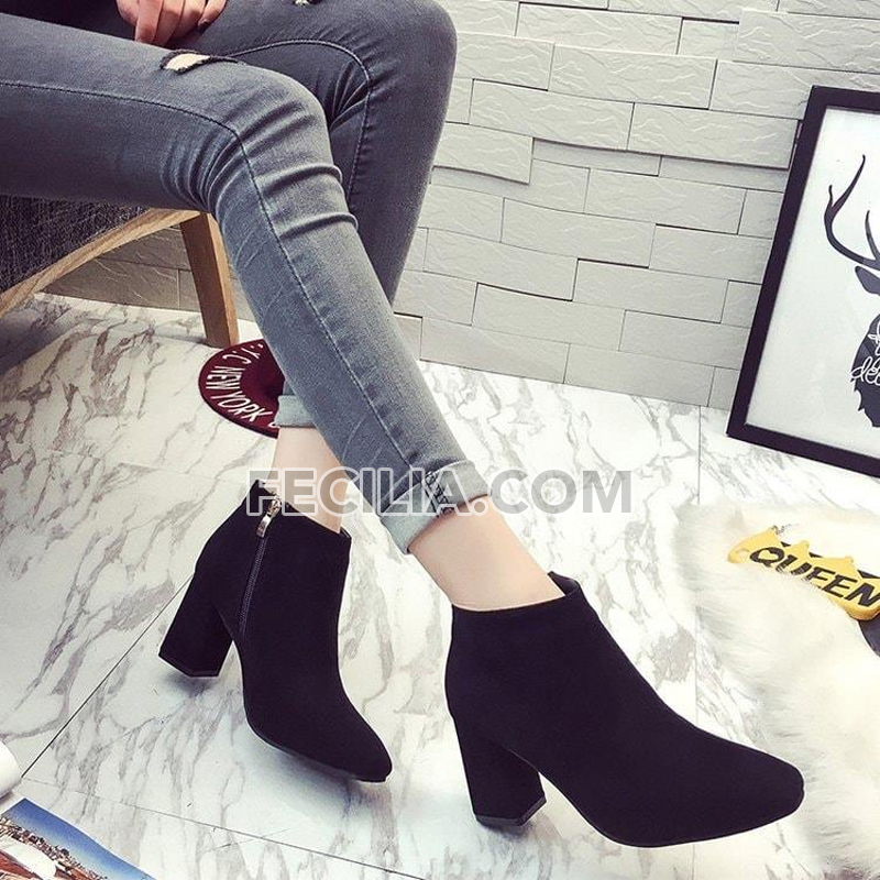 Giày Bốt Nữ cổ thấp gót vuông da mềm đế cao 7cm (Đen Lì/ Đen Nhung) Màu Đen da lộn