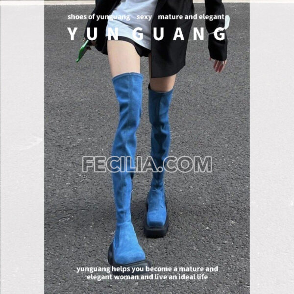 Bốt cổ cao qua đầu gối đế vuông Xanh Dương Đen BOOTSNU121