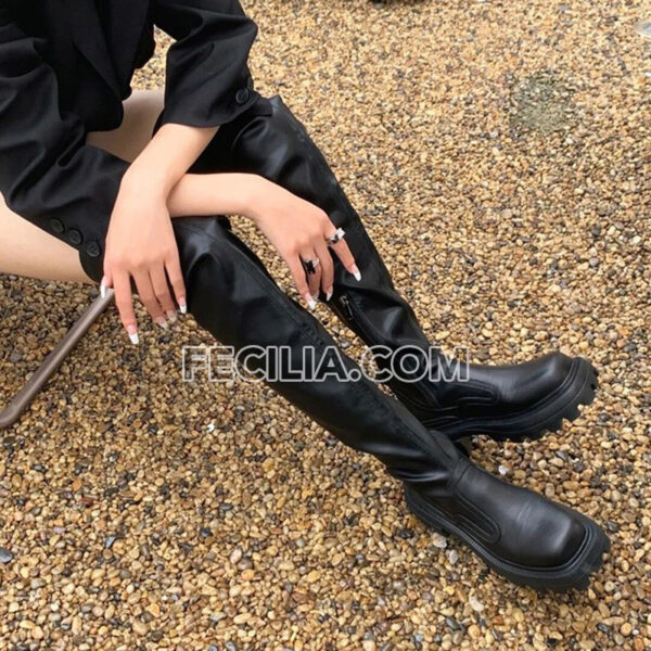 Bốt cổ cao qua đầu gối đế vuông Xanh Dương Đen BOOTSNU121