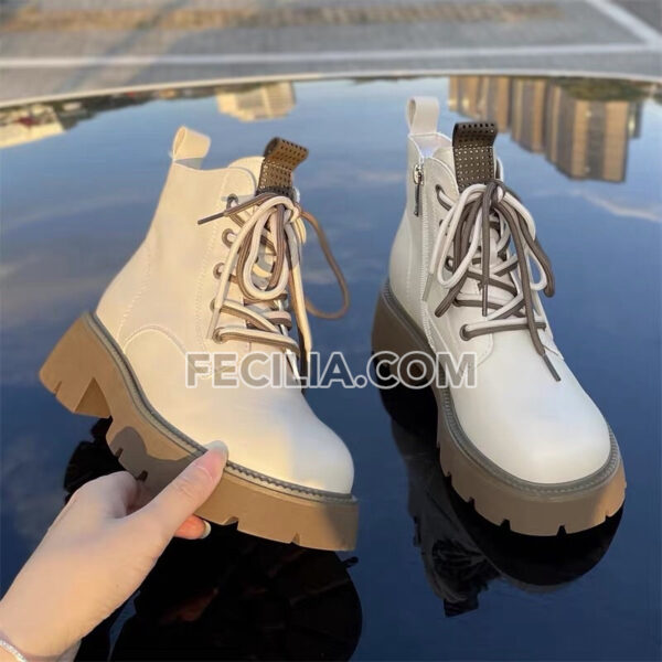 Bốt da Nữ cổ lửng đá Nâu buộc dây, khóa kéo bên hông BOOTSNU084