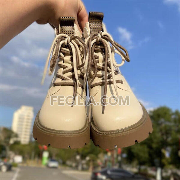 Bốt da Nữ cổ lửng đá Nâu buộc dây, khóa kéo bên hông BOOTSNU084