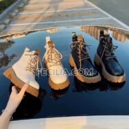 Bốt da Nữ cổ lửng đá Nâu buộc dây, khóa kéo bên hông BOOTSNU084