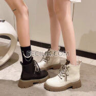 Bốt da Nữ cổ lửng đá Nâu buộc dây, khóa kéo bên hông BOOTSNU084