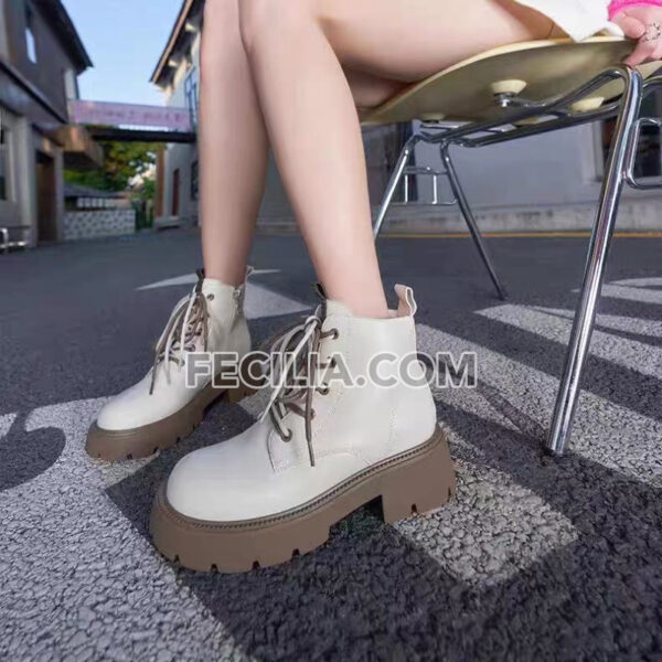 Bốt da Nữ cổ lửng đá Nâu buộc dây, khóa kéo bên hông BOOTSNU084
