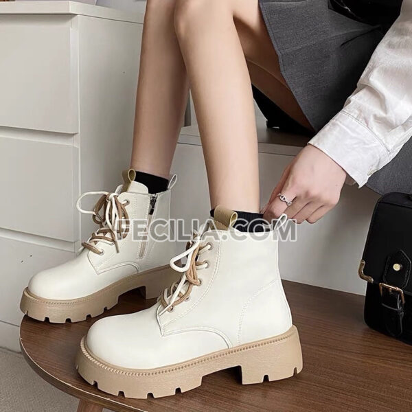 Bốt da Nữ cổ lửng đá Nâu buộc dây, khóa kéo bên hông BOOTSNU084