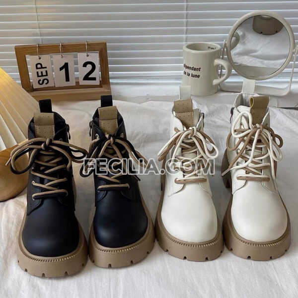 Bốt da Nữ cổ lửng đá Nâu buộc dây, khóa kéo bên hông BOOTSNU084