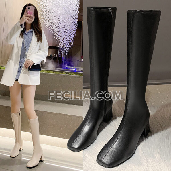 Bốt đùi Nữ da lì, cao đến gần đầu gối gót vuông, mũi vuông có khóa bên hông BOOTSNU112