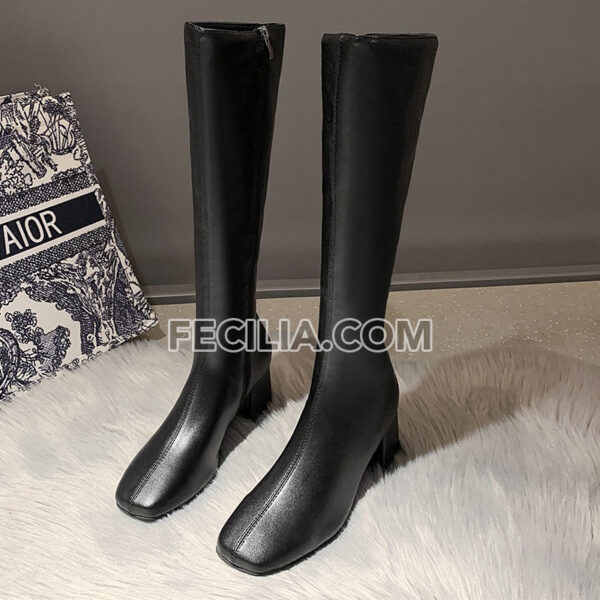 Bốt đùi Nữ da lì, cao đến gần đầu gối gót vuông, mũi vuông có khóa bên hông BOOTSNU112