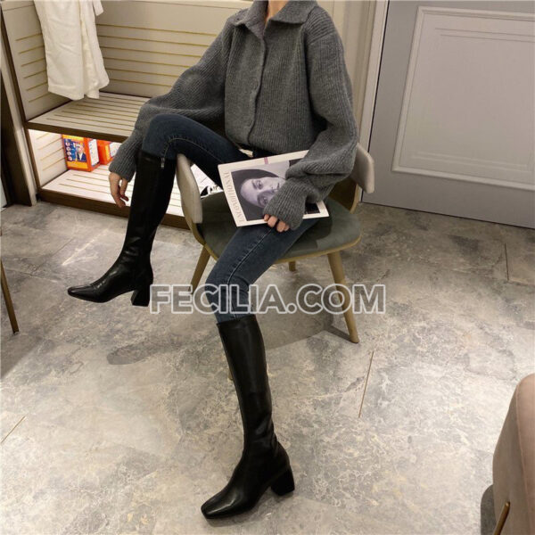 Bốt đùi Nữ da lì, cao đến gần đầu gối gót vuông, mũi vuông có khóa bên hông BOOTSNU112