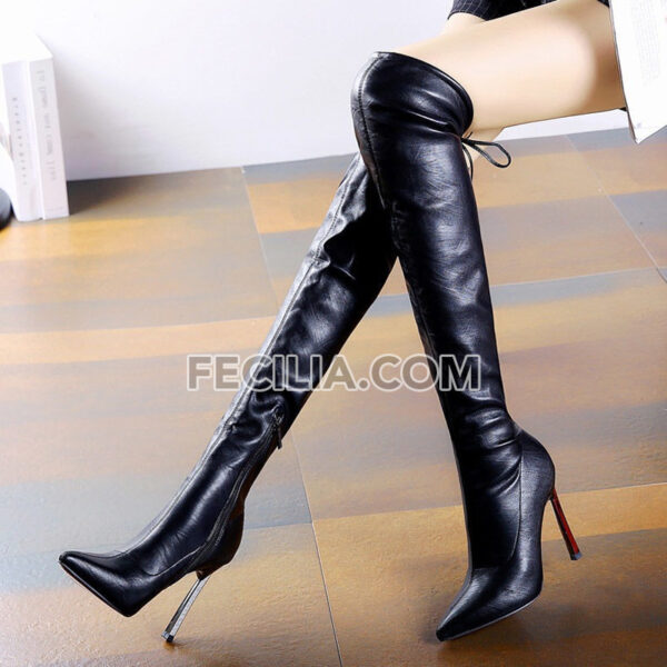Bốt đùi Nữ qua đầu gối mũi nhọn, gót nhọn chất da PU BOOTSNU120
