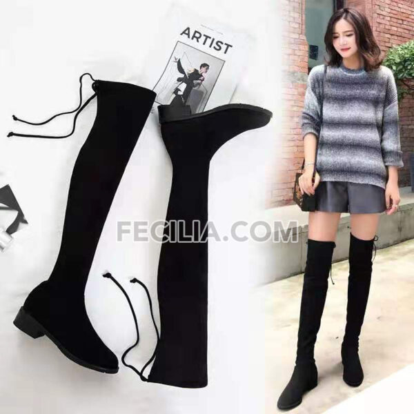 Bốt Nữ bằng vải cao qua đầu gối có dây buộc mũi nhọn, gót vuông BOOTSNU104