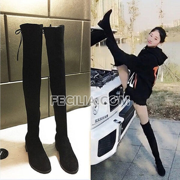 Bốt Nữ bằng vải cao qua đầu gối có dây buộc mũi nhọn, gót vuông BOOTSNU104