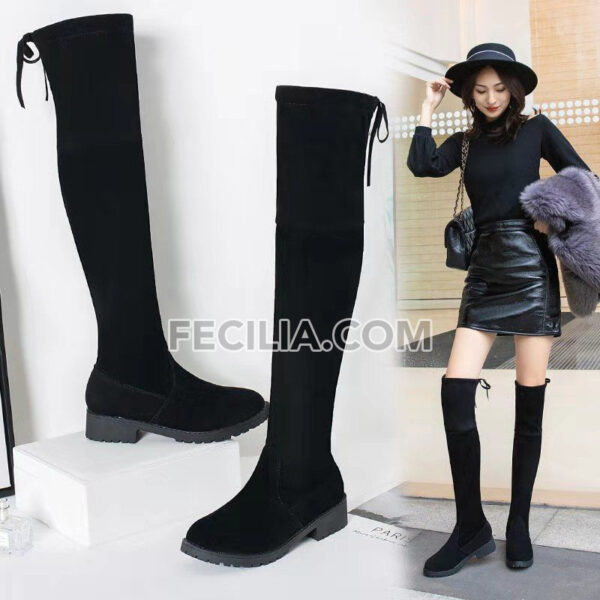 Bốt Nữ bằng vải cao qua đầu gối có dây buộc mũi nhọn, gót vuông BOOTSNU104