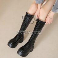 Bốt Nữ cổ cao đến đầu gối, buộc dây đế bằng kiểu Chiến Binh BOOTSNU131
