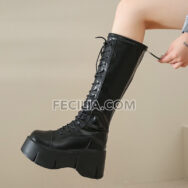 Bốt Nữ cổ cao đến đầu gối, buộc dây đế bằng kiểu Chiến Binh BOOTSNU131