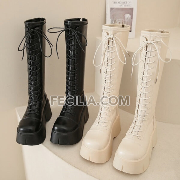 Bốt Nữ cổ cao đến đầu gối, buộc dây đế bằng kiểu Chiến Binh BOOTSNU131
