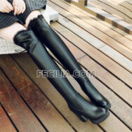 Bốt Nữ cổ cao qua đầu gối gót vuông màu Trắng - Đen BOOTSNU128