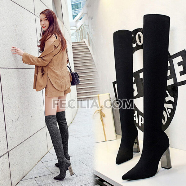 Bốt Nữ cổ cao qua đầu gối mũi nhọn gót vuông sang trọng BOOTSNU142