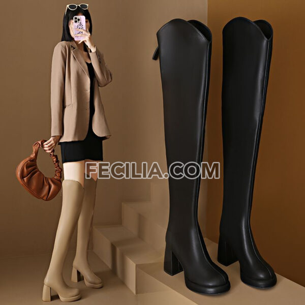 Bốt Nữ gót vuông cổ cao qua đầu gối Đen Trắng Be BOOTSNU123