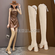 Bốt Nữ gót vuông cổ cao qua đầu gối Đen Trắng Be BOOTSNU123