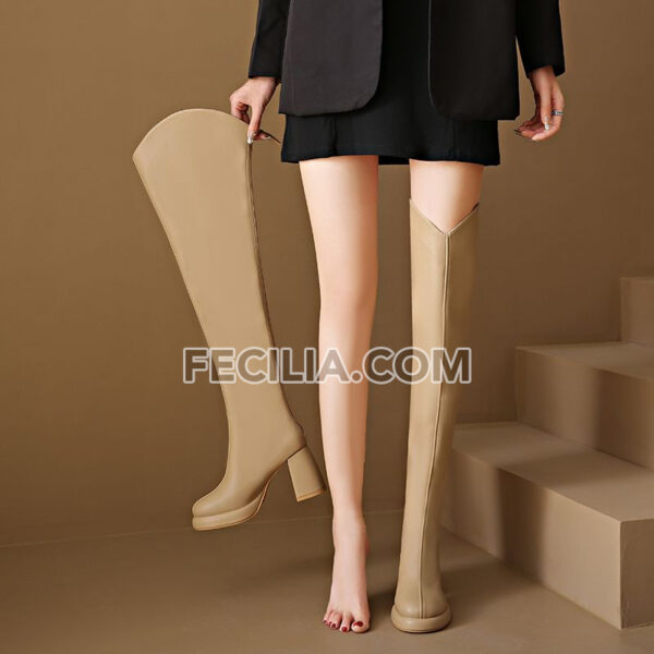 Bốt Nữ gót vuông cổ cao qua đầu gối Đen Trắng Be BOOTSNU123