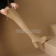 Bốt Nữ gót vuông cổ cao qua đầu gối Đen Trắng Be BOOTSNU123
