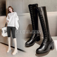 Bốt Nữ Martin cổ cao qua đầu gối buộc dây màu trắng đen BOOTSNU137