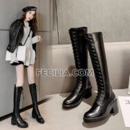 Bốt Nữ Martin cổ cao qua đầu gối buộc dây màu trắng đen BOOTSNU137