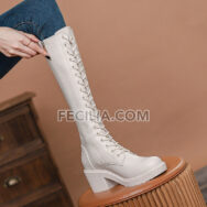 Bốt Nữ Martin cổ cao qua đầu gối buộc dây màu trắng đen BOOTSNU137