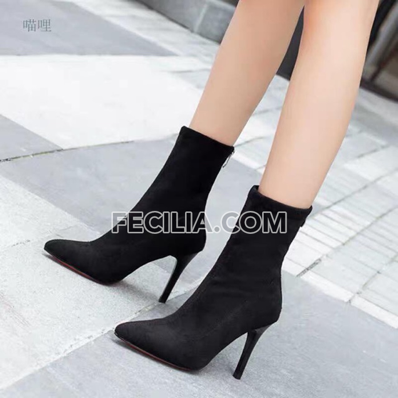 Giày Boots Nữ Bốt da lộn cổ lửng gót nhọn P21207_01