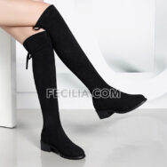 Giày Boots cổ cao màu đen da lộn, cao qua đầu gối đế vuông cho Nữ BOOTSNU106
