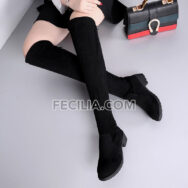 Giày Boots cổ cao màu đen da lộn, cao qua đầu gối đế vuông cho Nữ BOOTSNU106