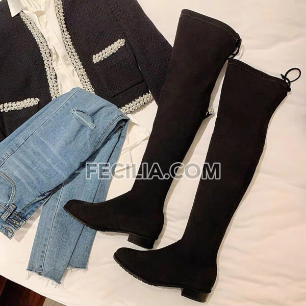Giày Boots cổ cao màu đen da lộn, cao qua đầu gối đế vuông cho Nữ BOOTSNU106