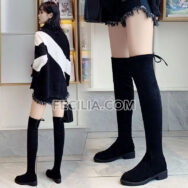 Giày Boots cổ cao màu đen da lộn, cao qua đầu gối đế vuông cho Nữ BOOTSNU106
