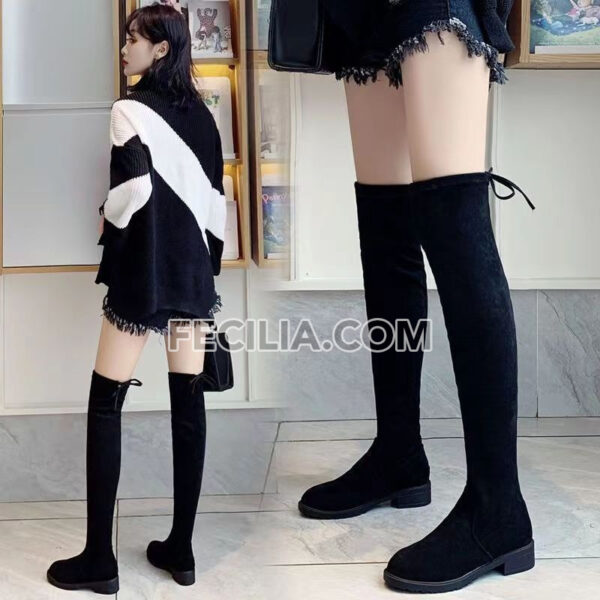 Giày Boots cổ cao màu đen da lộn, cao qua đầu gối đế vuông cho Nữ BOOTSNU106