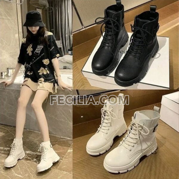 Giày Boots cổ len chun buộc dây màu đen - trắng đế cao 5cm BOOTSNU073